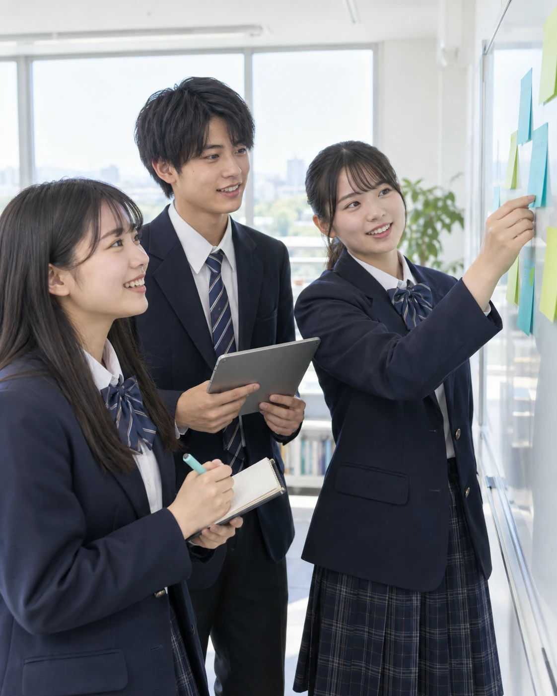 制服の高校生たちが付箋を使ってアイデアを話し合うイメージ