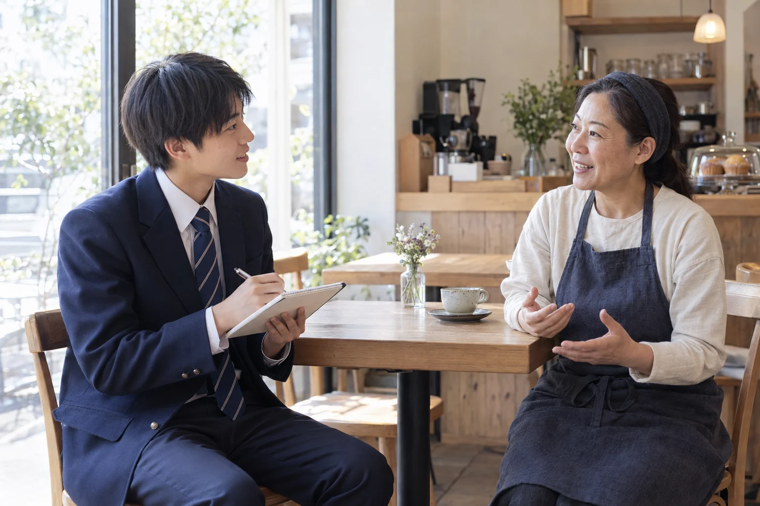 制服姿の高校生が地域の店主に話を聞き、ノートを取る活動イメージ