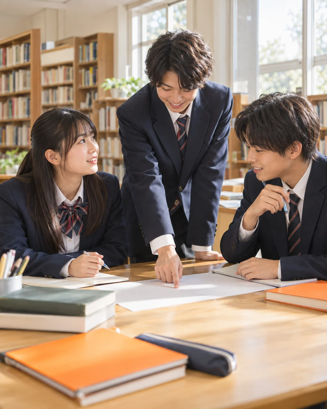 制服姿の高校生が図書室で企画を話し合うイメージ