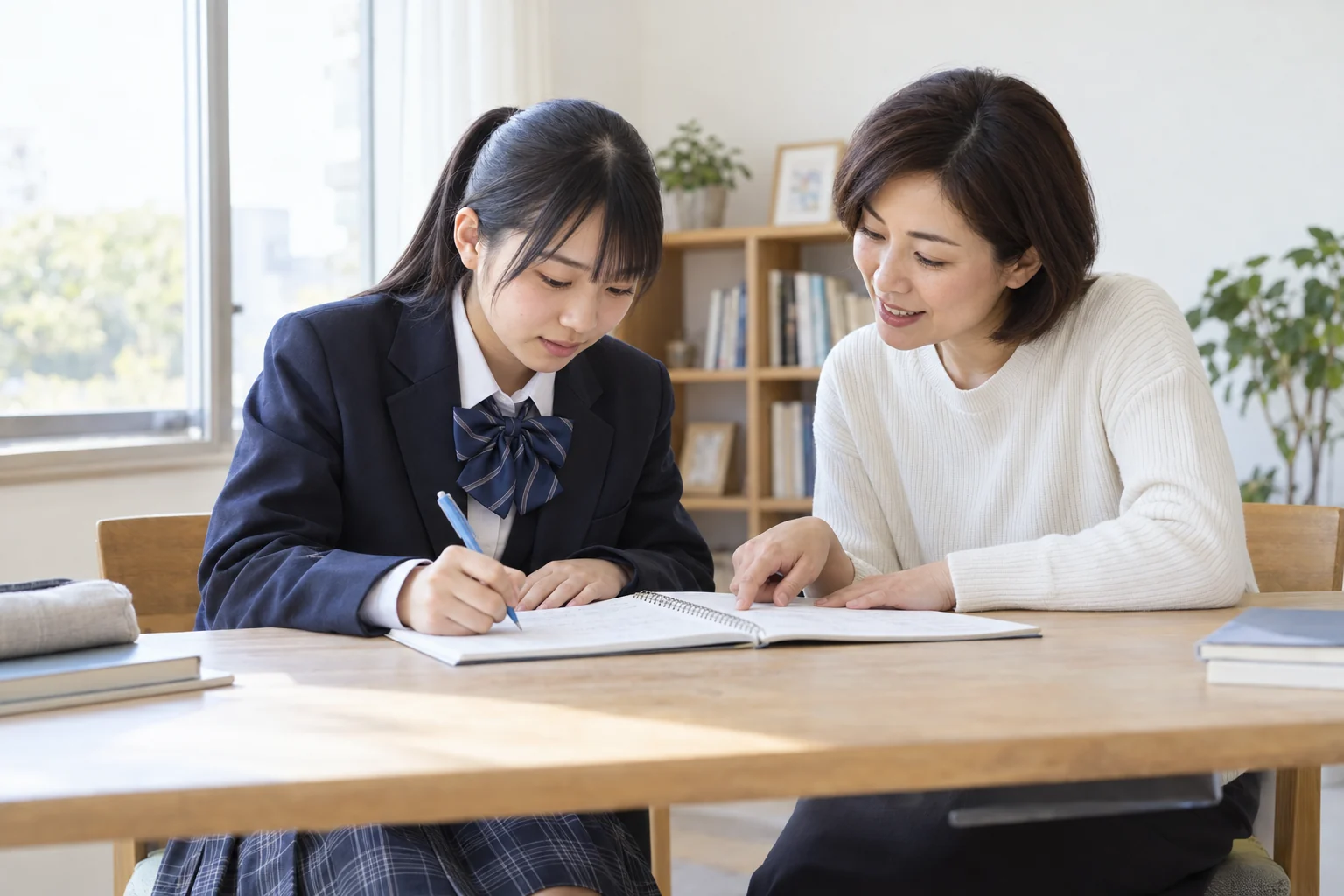 制服姿の高校生が講師と1対1でノートを見ながら相談する学習イメージ