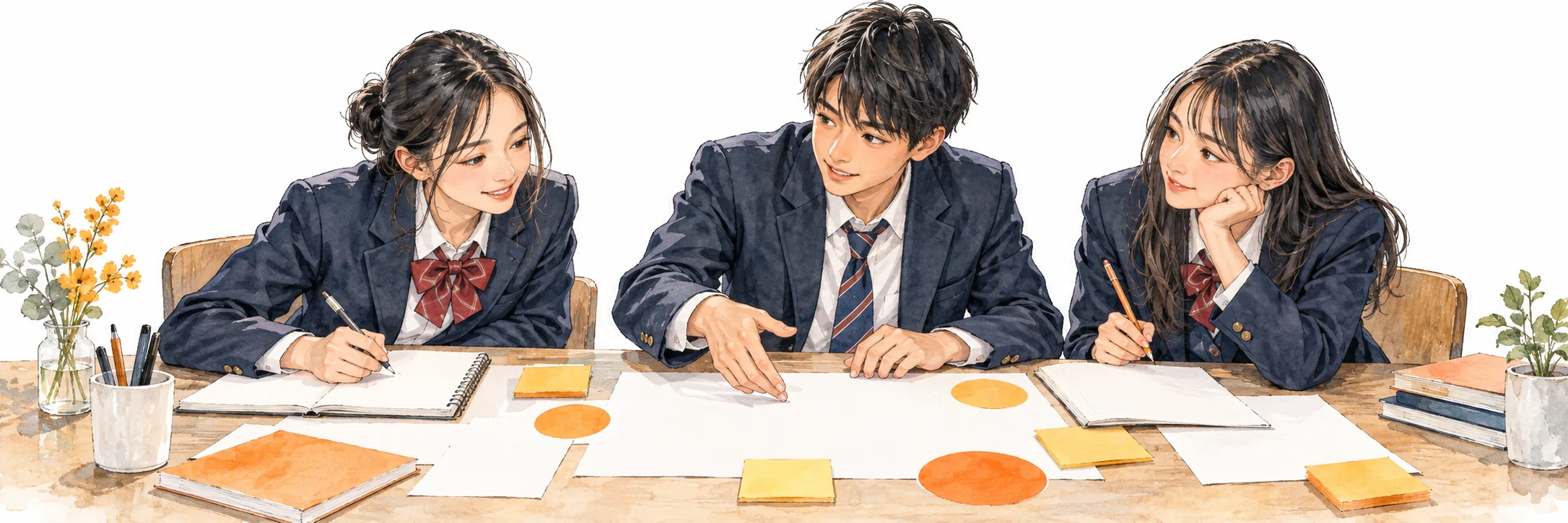制服姿の高校生が紙とノートを広げ、関心や今後の計画を話し合うイラスト