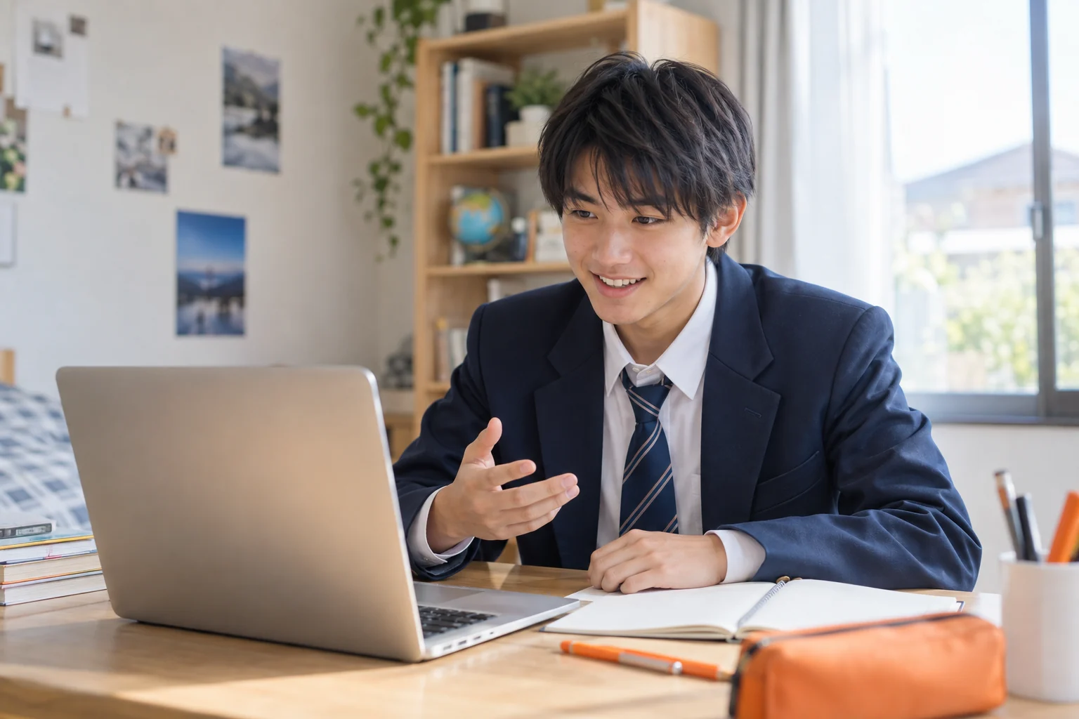 制服姿の高校生が自宅でオンライン個別授業を受けるイメージ