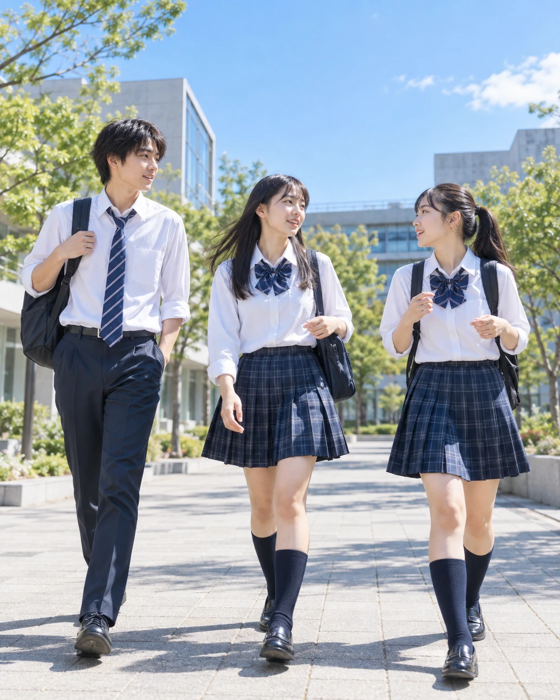 青空の下、将来について語りながら歩く高校生たちのイメージ