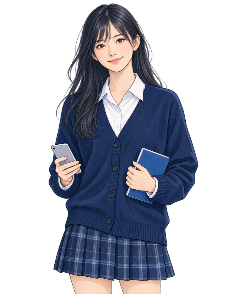 スマートフォンとノートを持つ高校生の人物イラスト