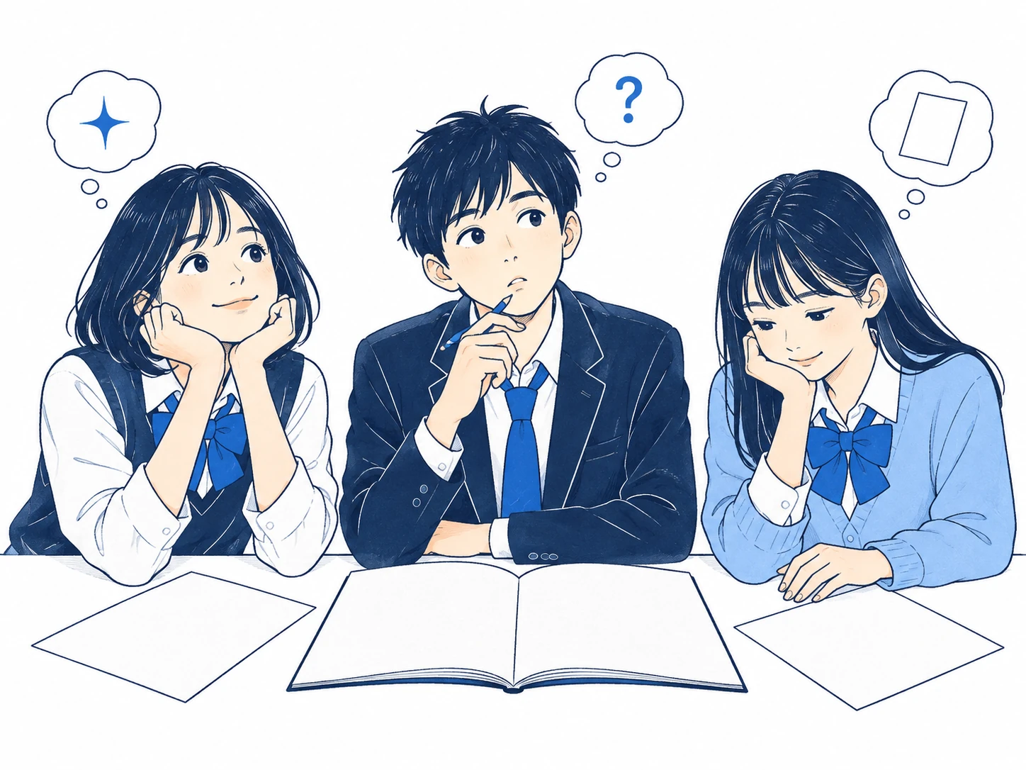 ノートを前に、自分の興味や将来について考える高校生たちのイラスト